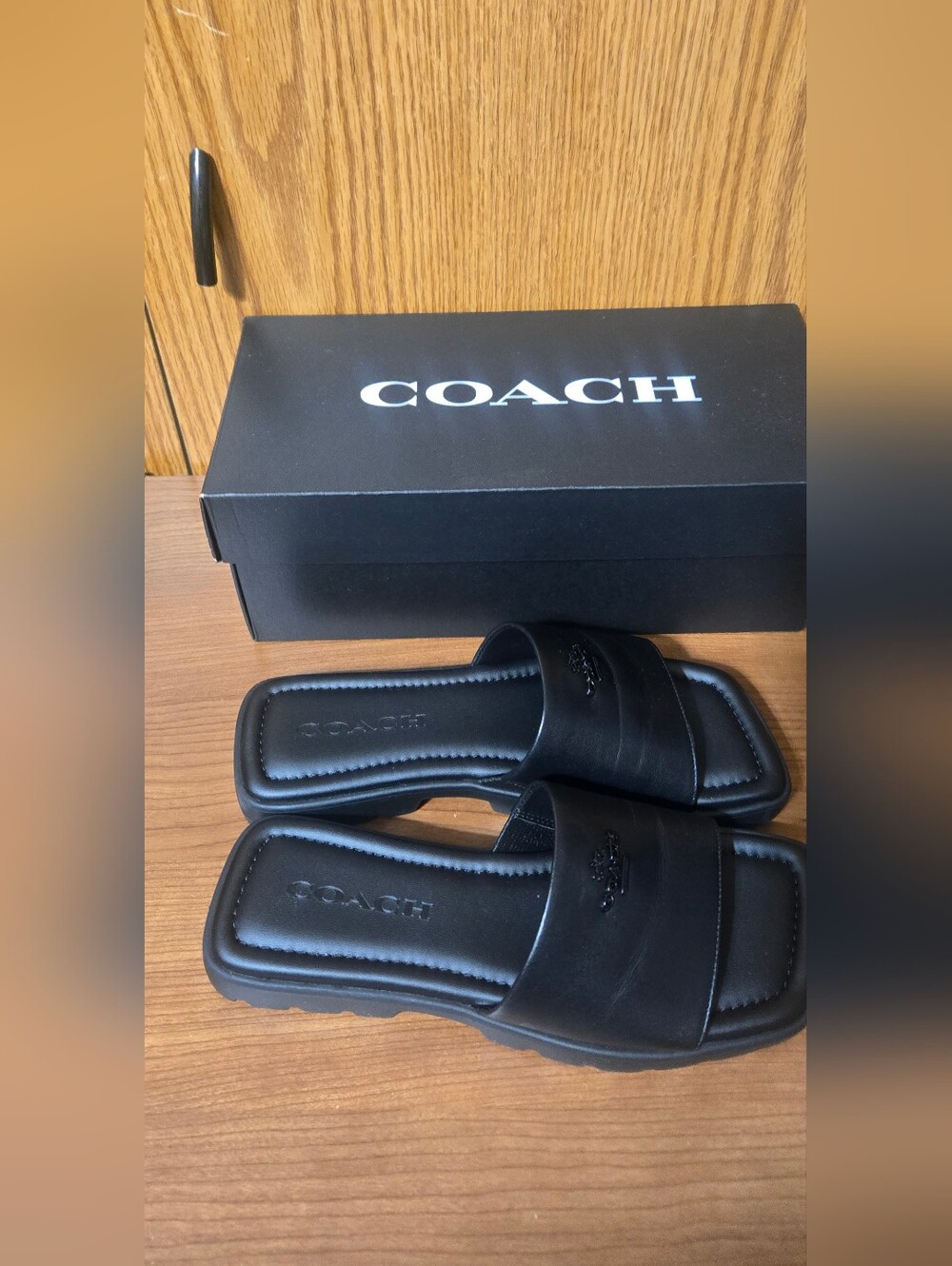 Coach Black Leather Slide Sandals for Women